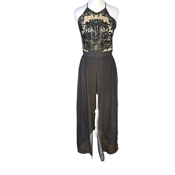 Black Small Sequin Lace Bodice Backless Halter Shorts Jumpsuit Long Shear Skirt - Picture 2 of 9